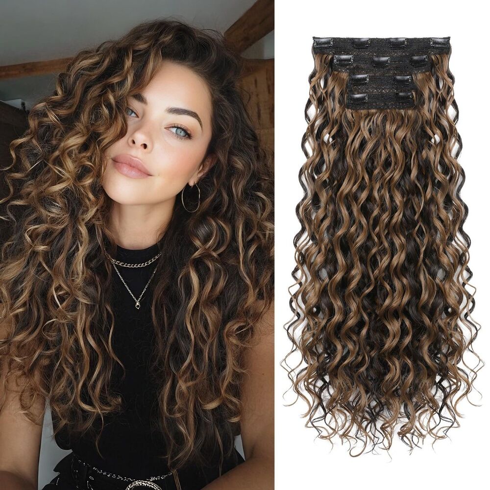 REECHO 24" Curly Clip In Hair Extensions Chocolate Brown Highlights Lace Weft